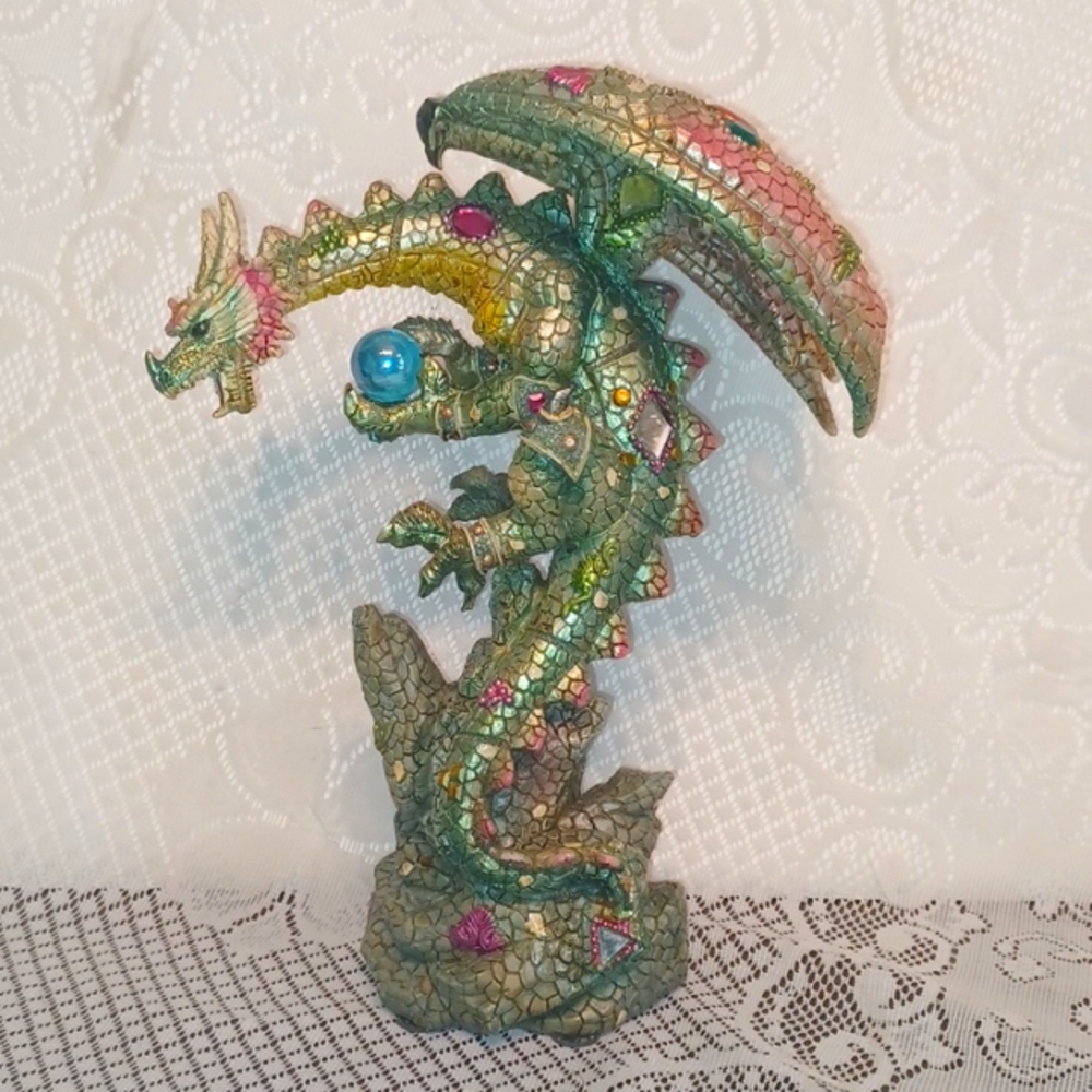 LARGE Dragon - Intricate Dragon Figurine With 'Gems & Orb' C